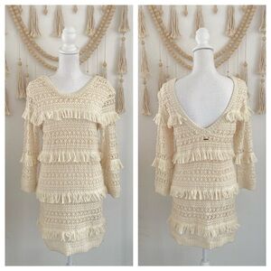Volcom cream crochet mini dress tiered fringe low back cocoknit vacation medium